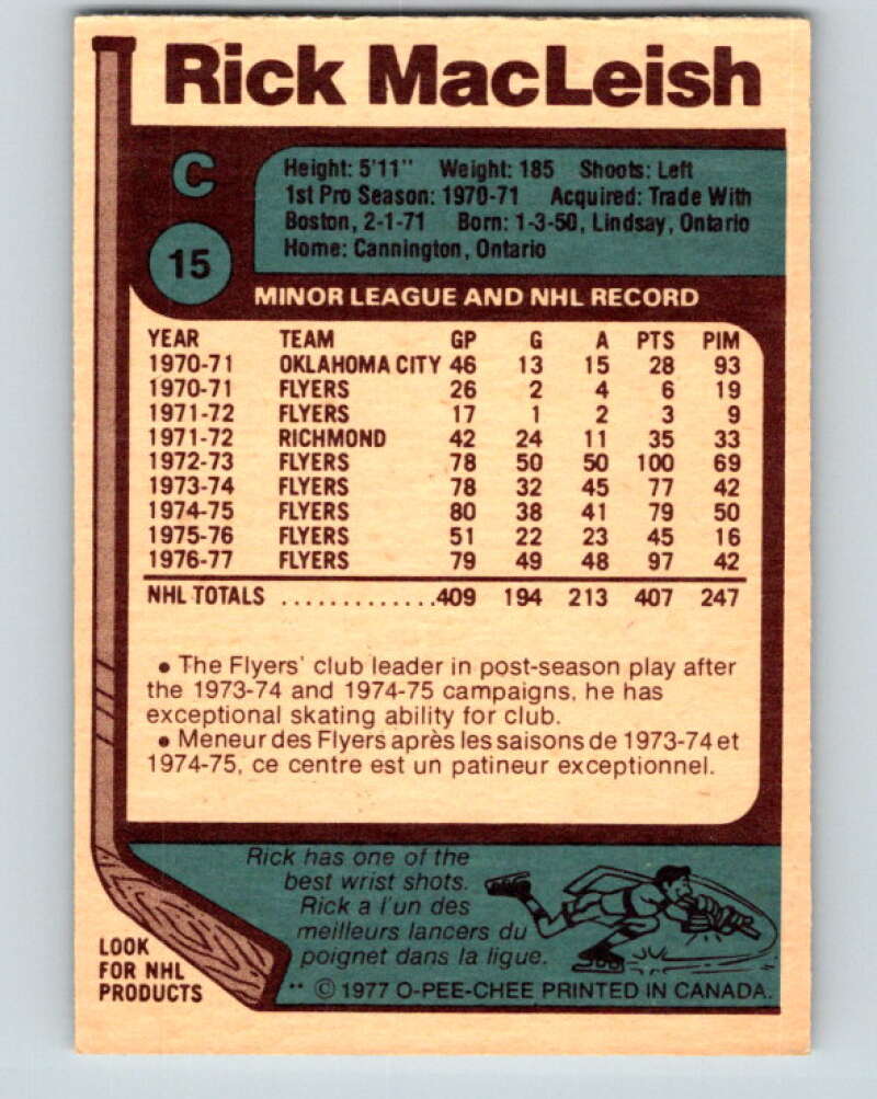 1977-78 O-Pee-Chee #15 Rick MacLeish Philadelphia Flyers V13014