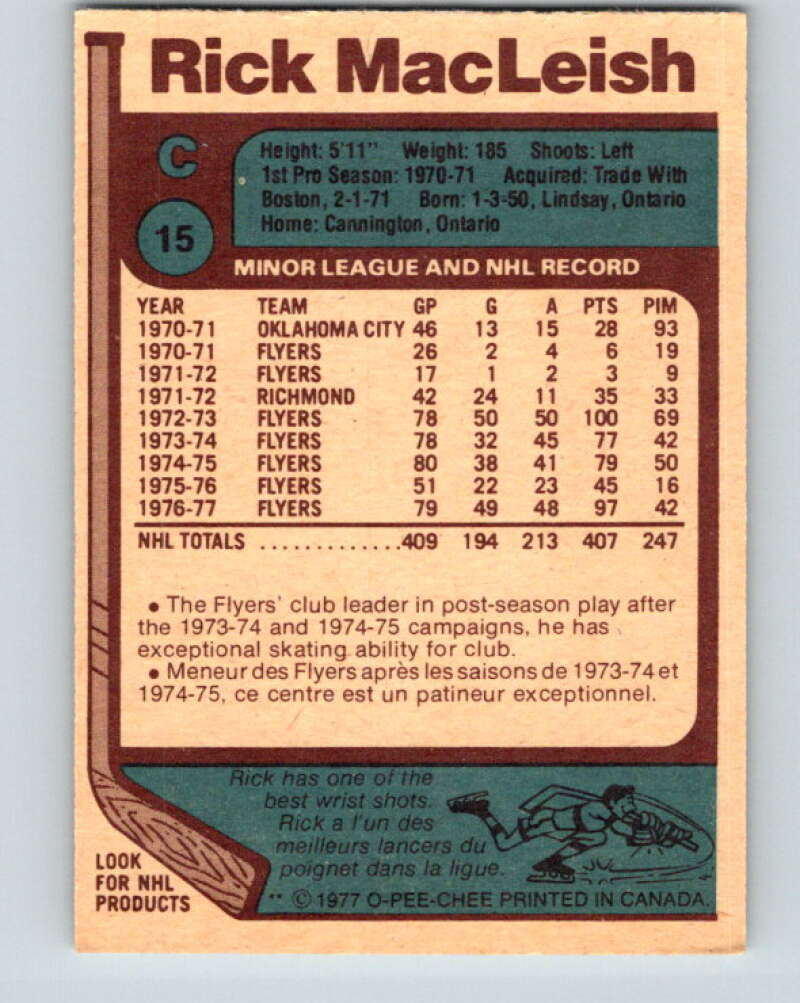 1977-78 O-Pee-Chee #15 Rick MacLeish Philadelphia Flyers V13016