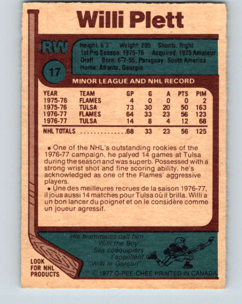 1977-78 O-Pee-Chee #17 Willi Plett RC Rookie Atlanta Flames V13030
