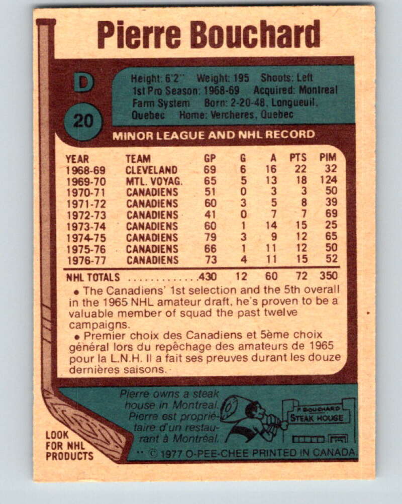 1977-78 O-Pee-Chee #20 Pierre Bouchard Montreal Canadiens V13044