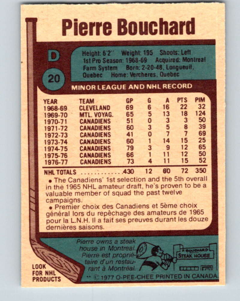 1977-78 O-Pee-Chee #20 Pierre Bouchard Montreal Canadiens V13045