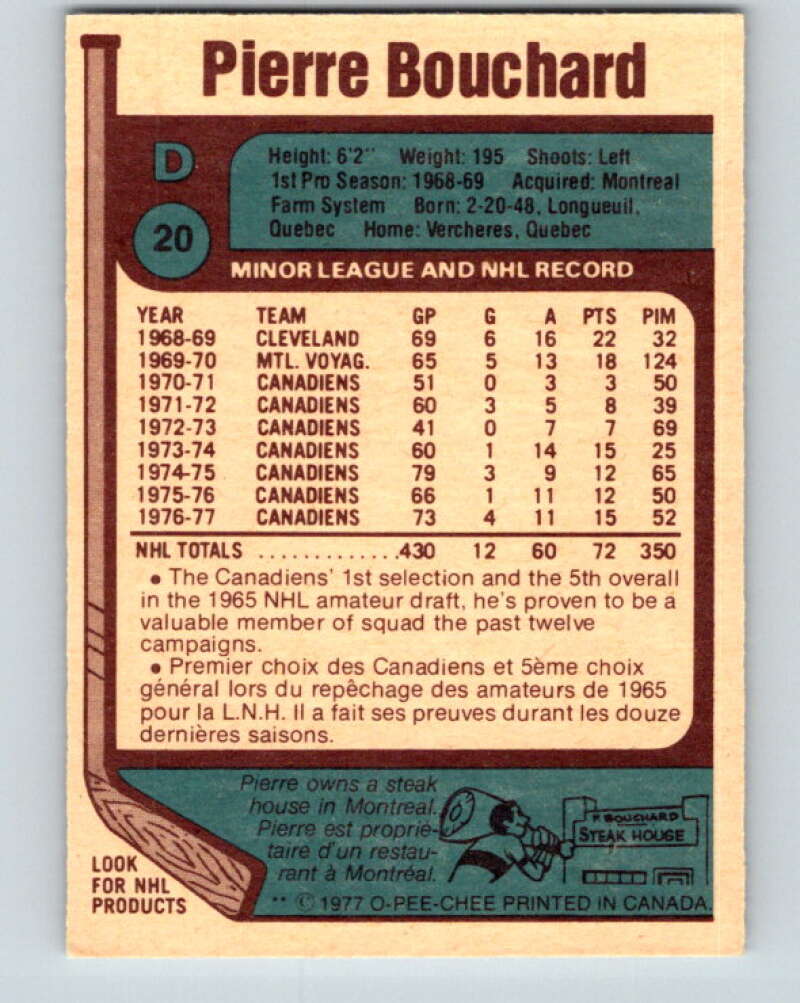 1977-78 O-Pee-Chee #20 Pierre Bouchard Montreal Canadiens V13046