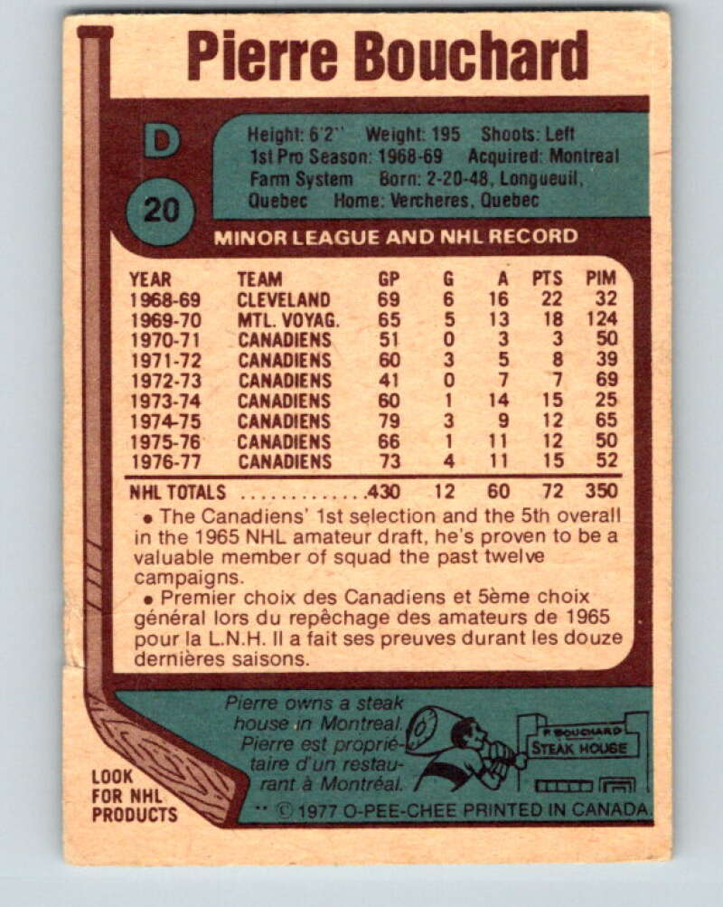 1977-78 O-Pee-Chee #20 Pierre Bouchard Montreal Canadiens V13047
