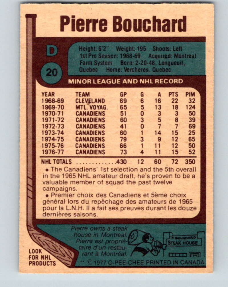 1977-78 O-Pee-Chee #20 Pierre Bouchard Montreal Canadiens V13048