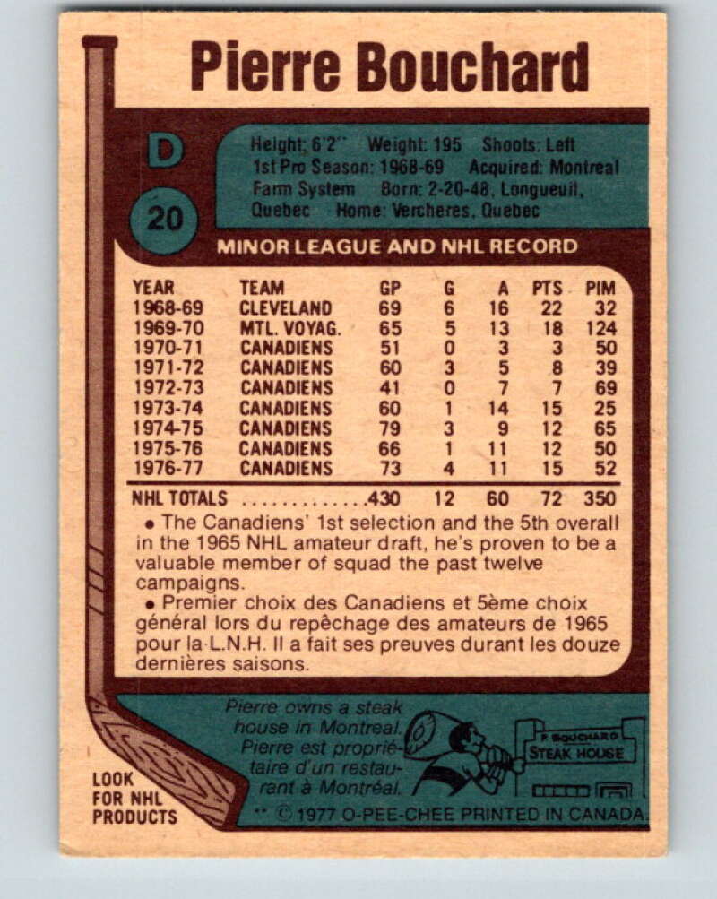 1977-78 O-Pee-Chee #20 Pierre Bouchard Montreal Canadiens V13049