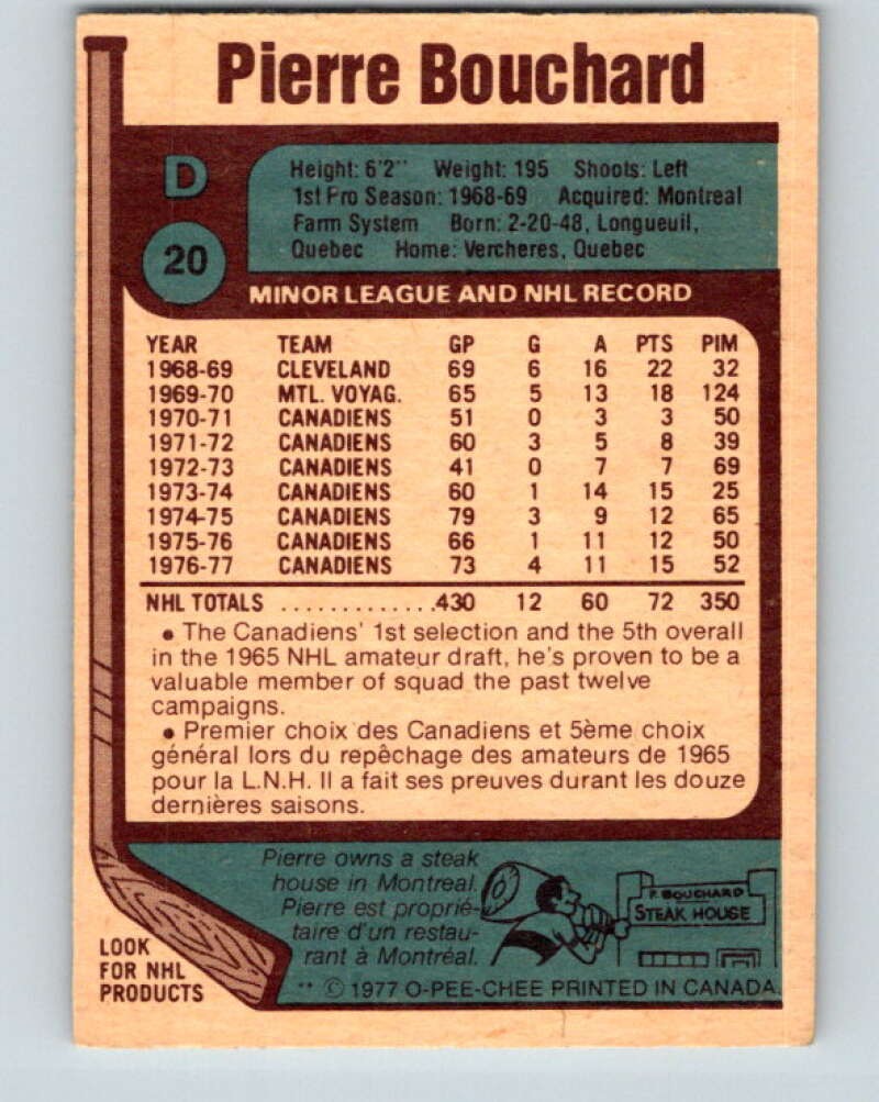 1977-78 O-Pee-Chee #20 Pierre Bouchard Montreal Canadiens V13052