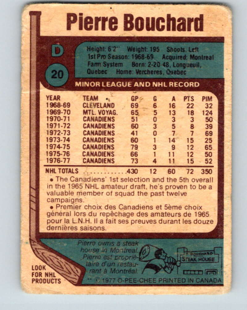 1977-78 O-Pee-Chee #20 Pierre Bouchard Montreal Canadiens V13053