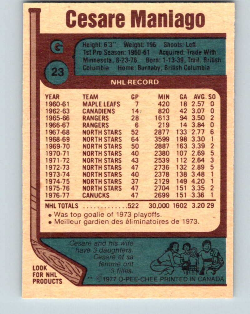 1977-78 O-Pee-Chee #23 Cesare Maniago Vancouver Canucks V13069