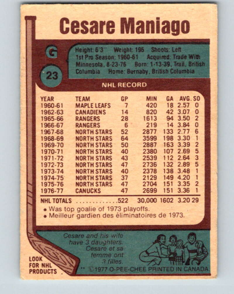 1977-78 O-Pee-Chee #23 Cesare Maniago Vancouver Canucks V13070