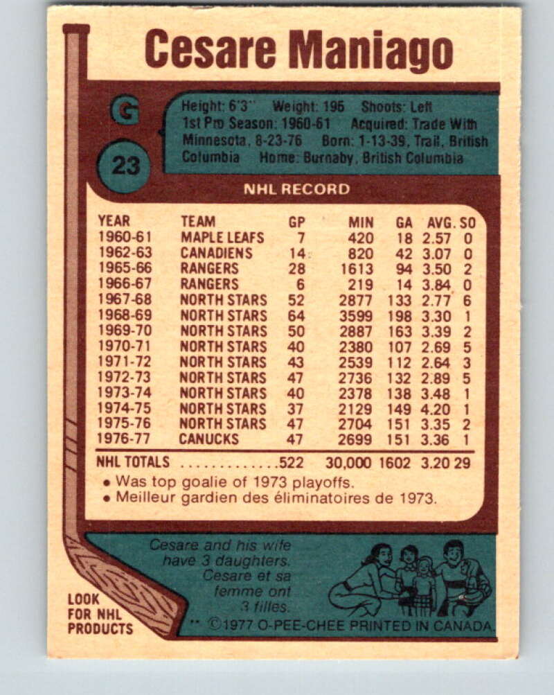 1977-78 O-Pee-Chee #23 Cesare Maniago Vancouver Canucks V13072