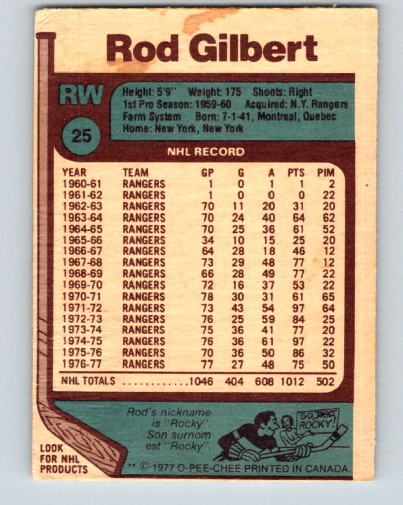 1977-78 O-Pee-Chee #25 Rod Gilbert New York Rangers V13084