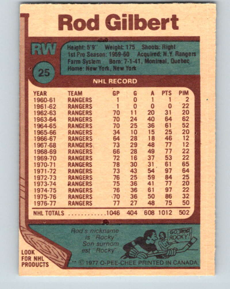 1977-78 O-Pee-Chee #25 Rod Gilbert New York Rangers V13086
