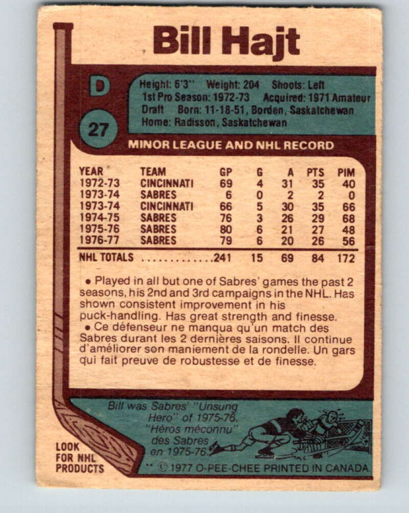 1977-78 O-Pee-Chee #27 Bill Hajt Buffalo Sabres V13094