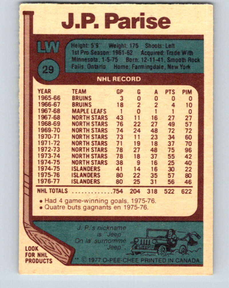 1977-78 O-Pee-Chee #29 J.P. Parise New York Islanders V13101