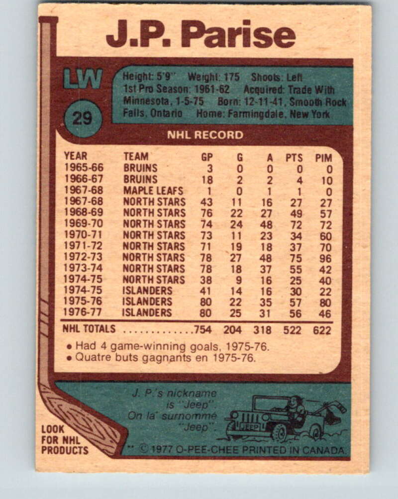 1977-78 O-Pee-Chee #29 J.P. Parise New York Islanders V13102
