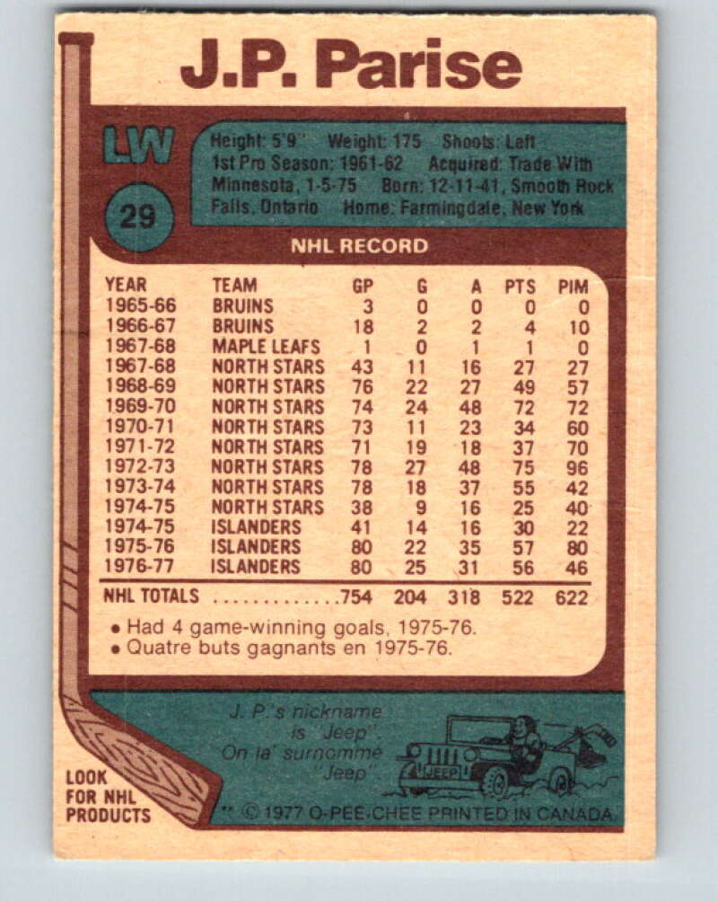 1977-78 O-Pee-Chee #29 J.P. Parise New York Islanders V13104