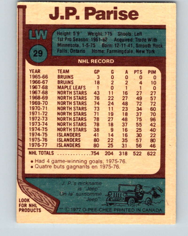 1977-78 O-Pee-Chee #29 J.P. Parise New York Islanders V13105