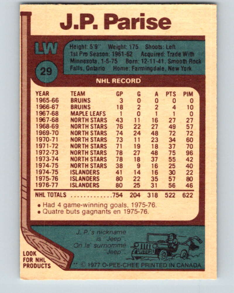 1977-78 O-Pee-Chee #29 J.P. Parise New York Islanders V13106