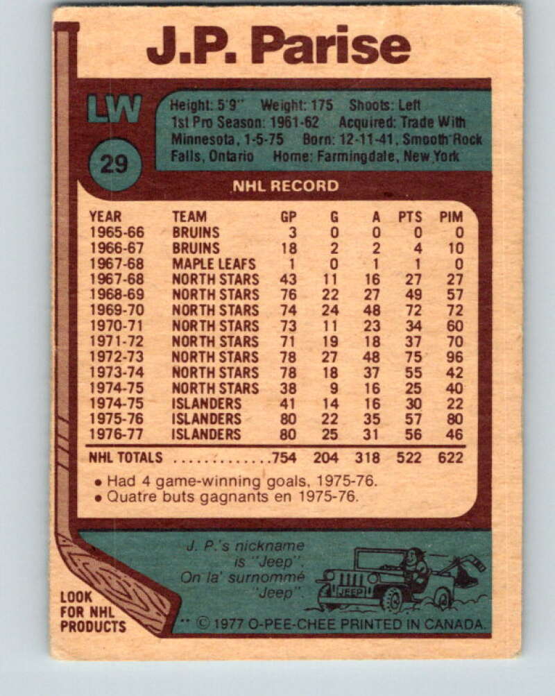 1977-78 O-Pee-Chee #29 J.P. Parise New York Islanders V13108