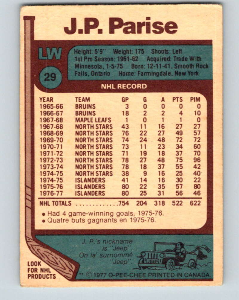1977-78 O-Pee-Chee #29 J.P. Parise New York Islanders V13109