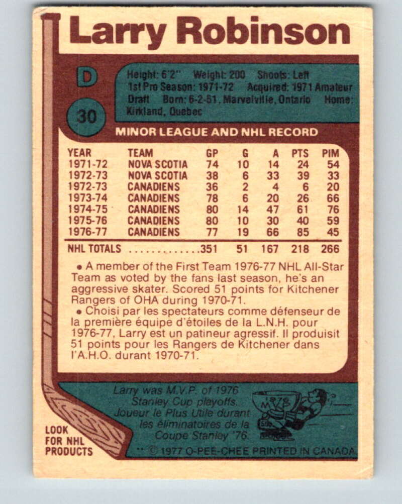 1977-78 O-Pee-Chee #30 Larry Robinson AS Montreal Canadiens V13112