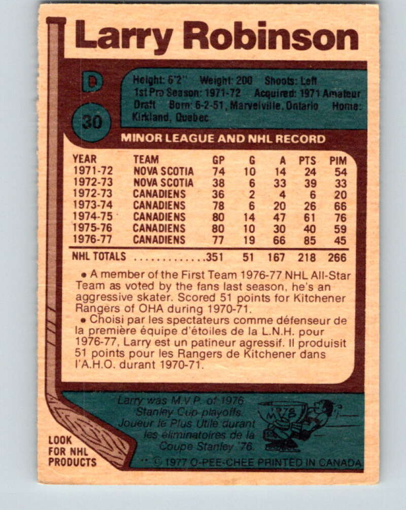 1977-78 O-Pee-Chee #30 Larry Robinson AS Montreal Canadiens V13113
