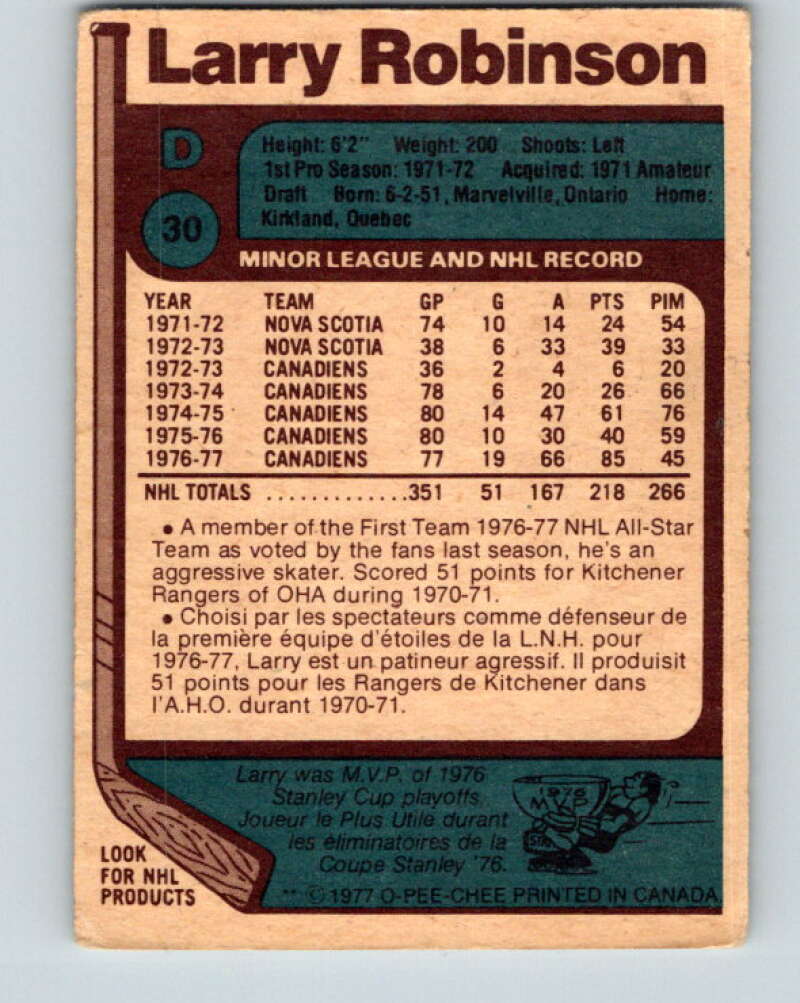 1977-78 O-Pee-Chee #30 Larry Robinson AS Montreal Canadiens V13117