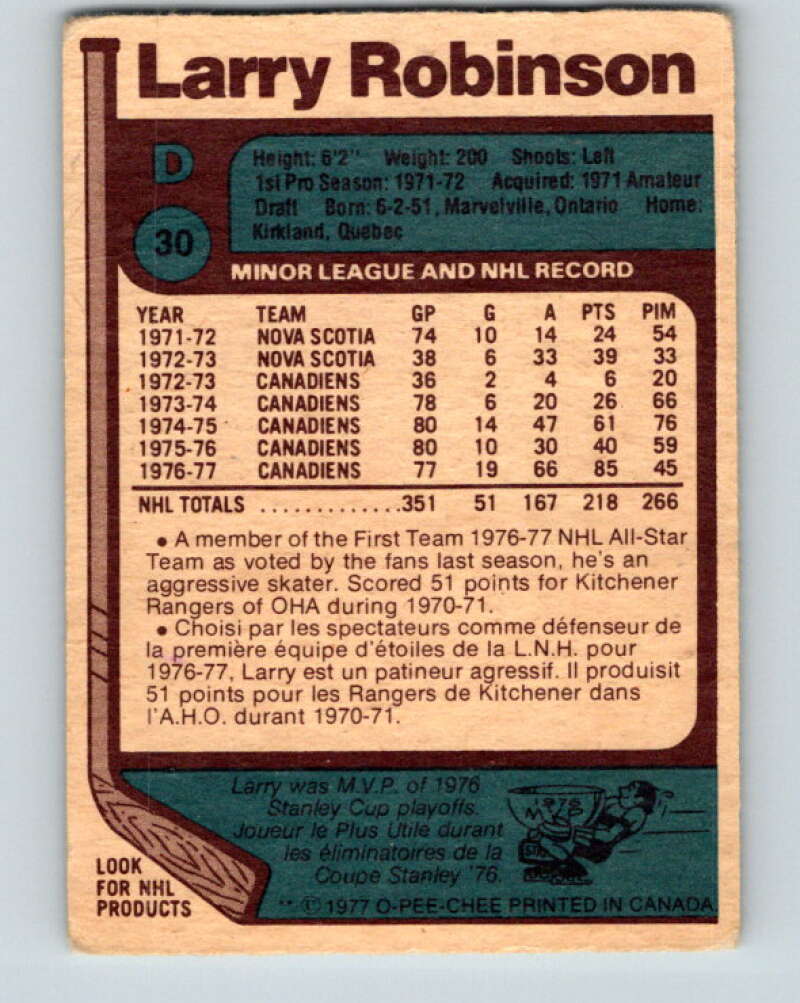 1977-78 O-Pee-Chee #30 Larry Robinson AS Montreal Canadiens V13118