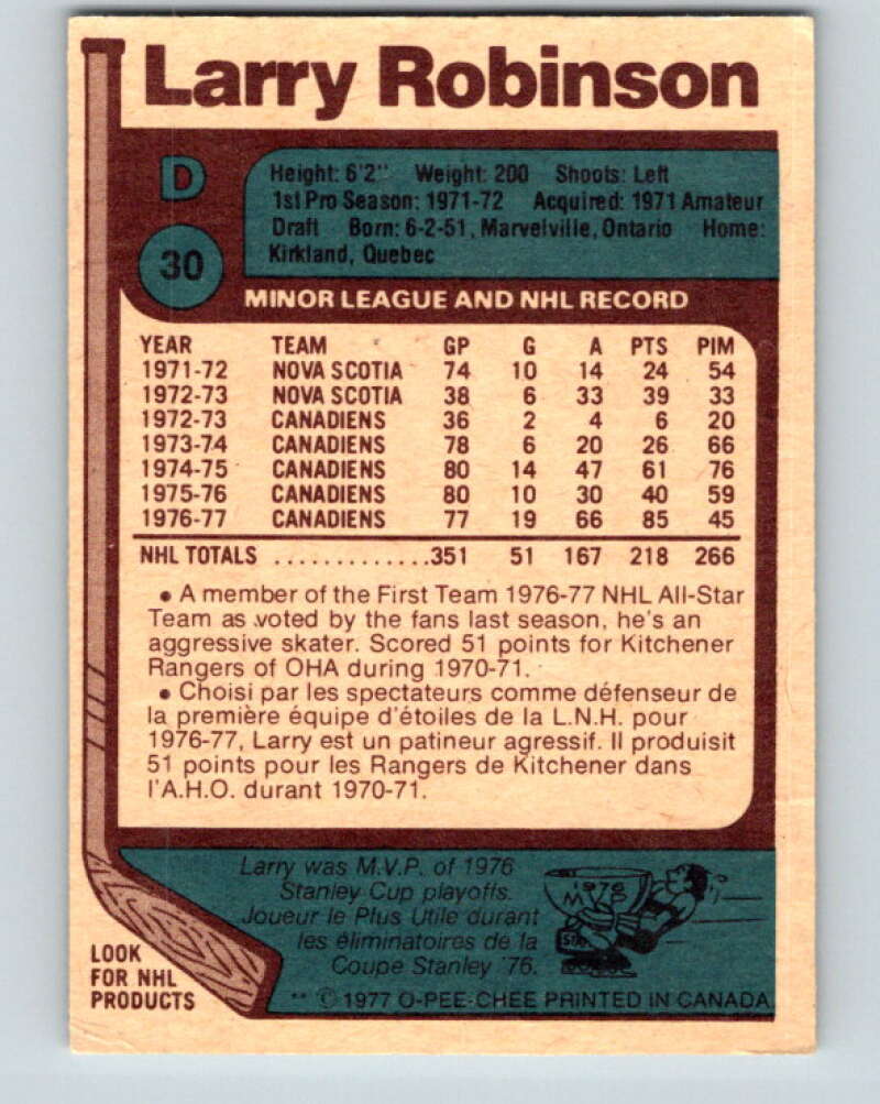 1977-78 O-Pee-Chee #30 Larry Robinson AS Montreal Canadiens V13119