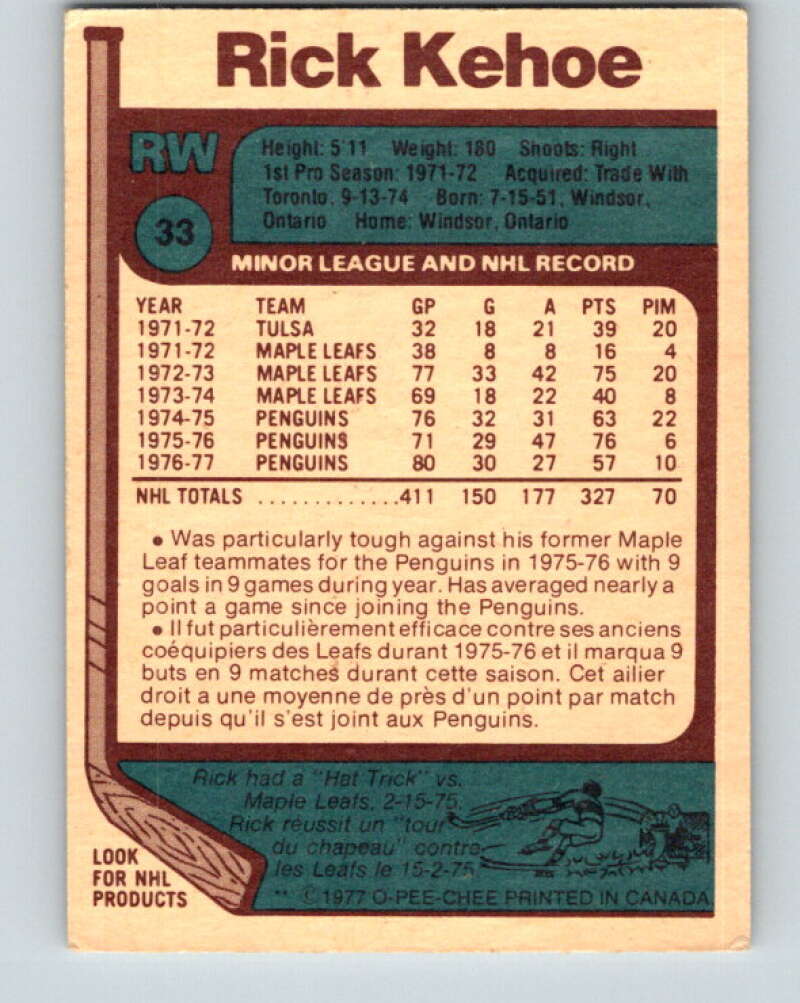 1977-78 O-Pee-Chee #33 Rick Kehoe Pittsburgh Penguins V13134