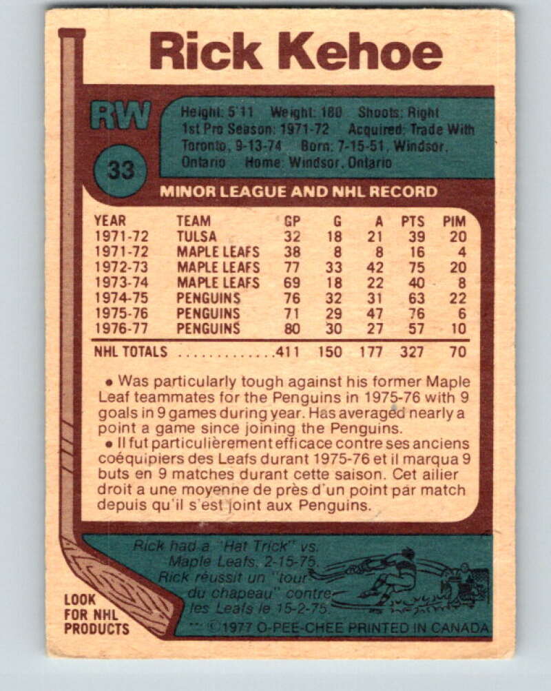 1977-78 O-Pee-Chee #33 Rick Kehoe Pittsburgh Penguins V13140