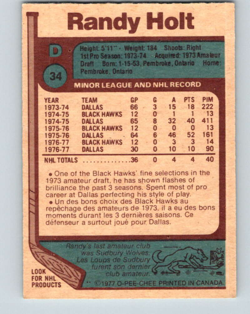 1977-78 O-Pee-Chee #34 Randy Holt RC Rookie Chicago Blackhawks V13142