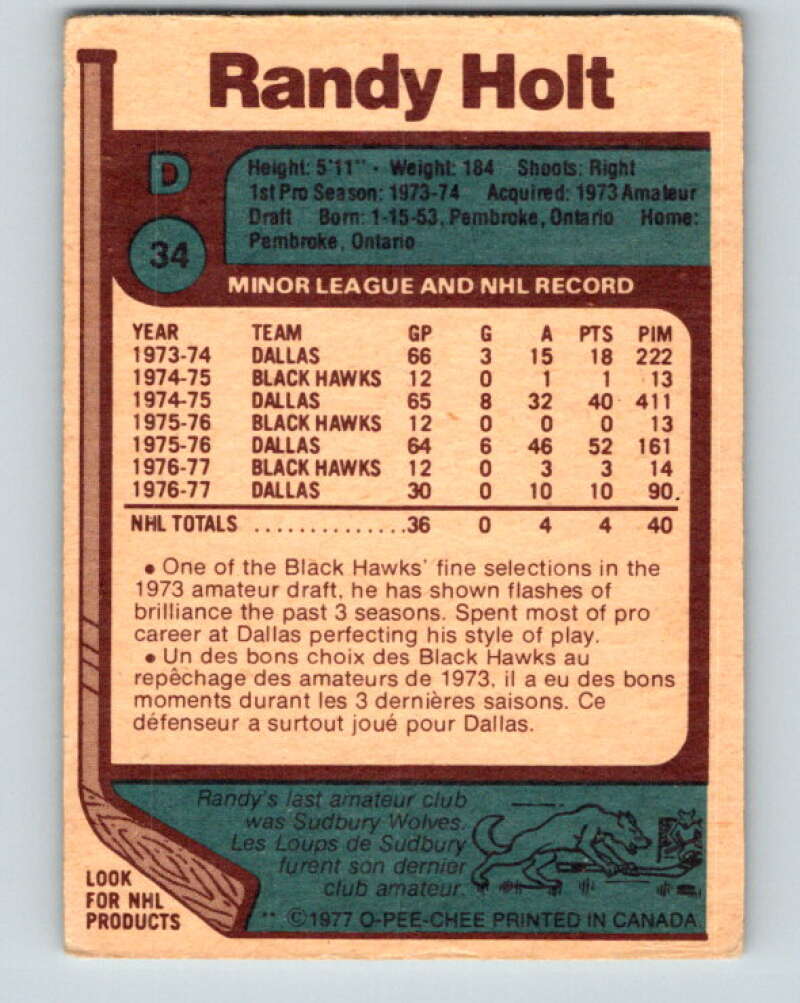 1977-78 O-Pee-Chee #34 Randy Holt RC Rookie Chicago Blackhawks V13143