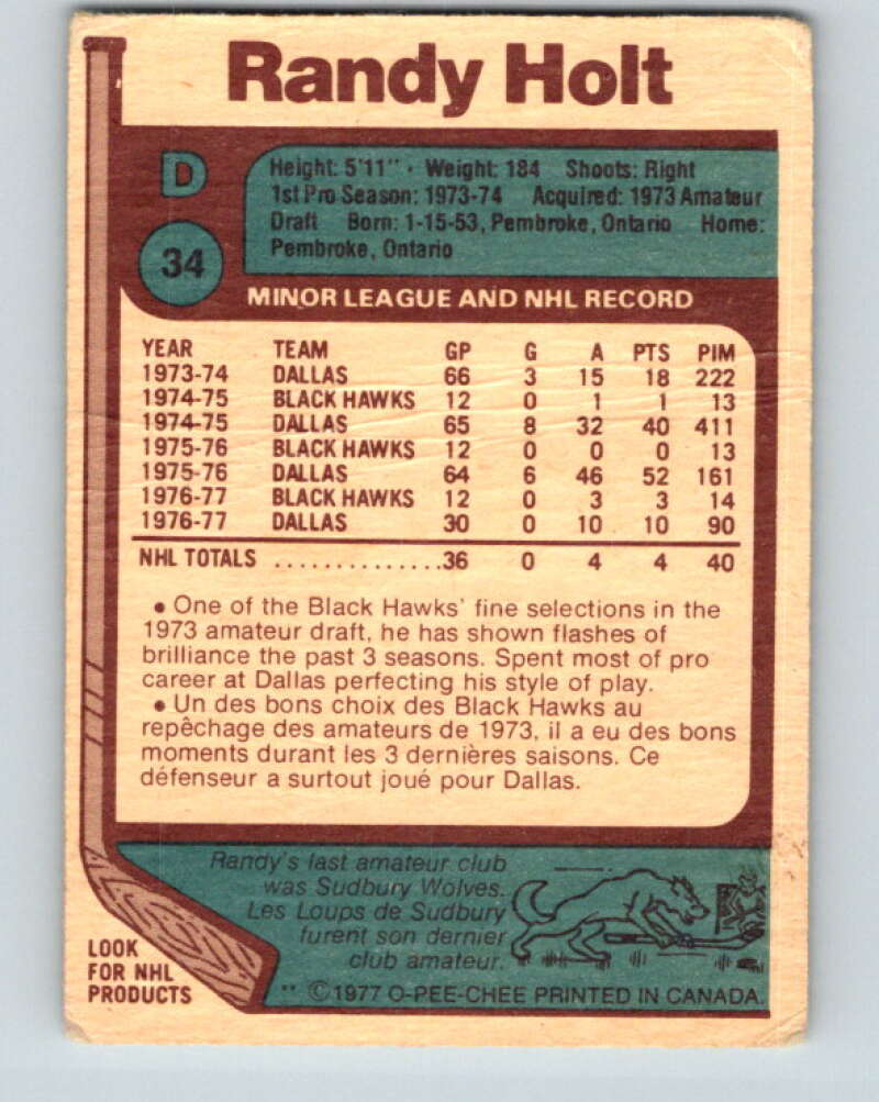 1977-78 O-Pee-Chee #34 Randy Holt RC Rookie Chicago Blackhawks V13146