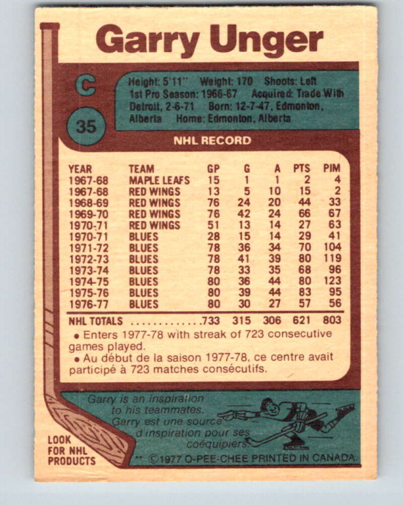 1977-78 O-Pee-Chee #35 Garry Unger St. Louis Blues V13148
