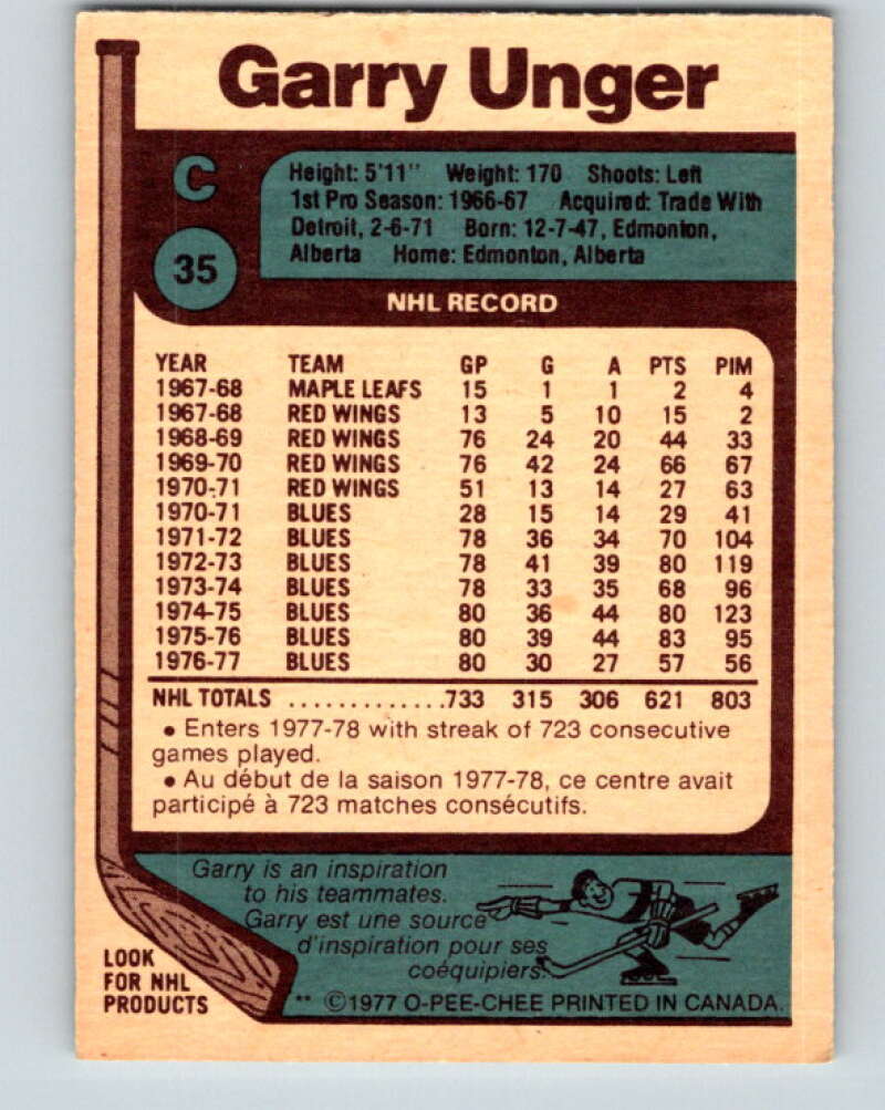 1977-78 O-Pee-Chee #35 Garry Unger St. Louis Blues V13150