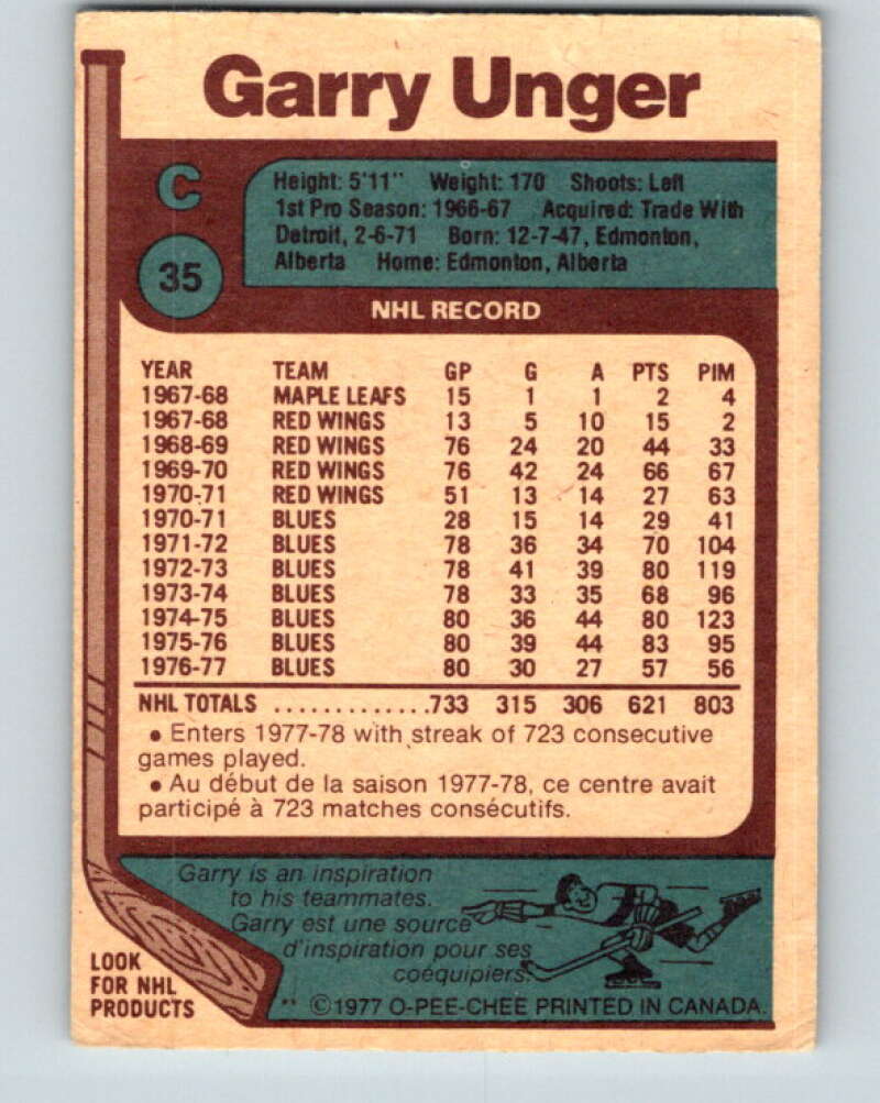 1977-78 O-Pee-Chee #35 Garry Unger St. Louis Blues V13155