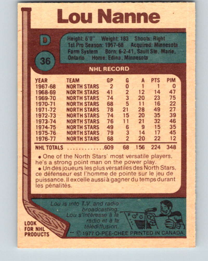 1977-78 O-Pee-Chee #36 Lou Nanne Minnesota North Stars V13157