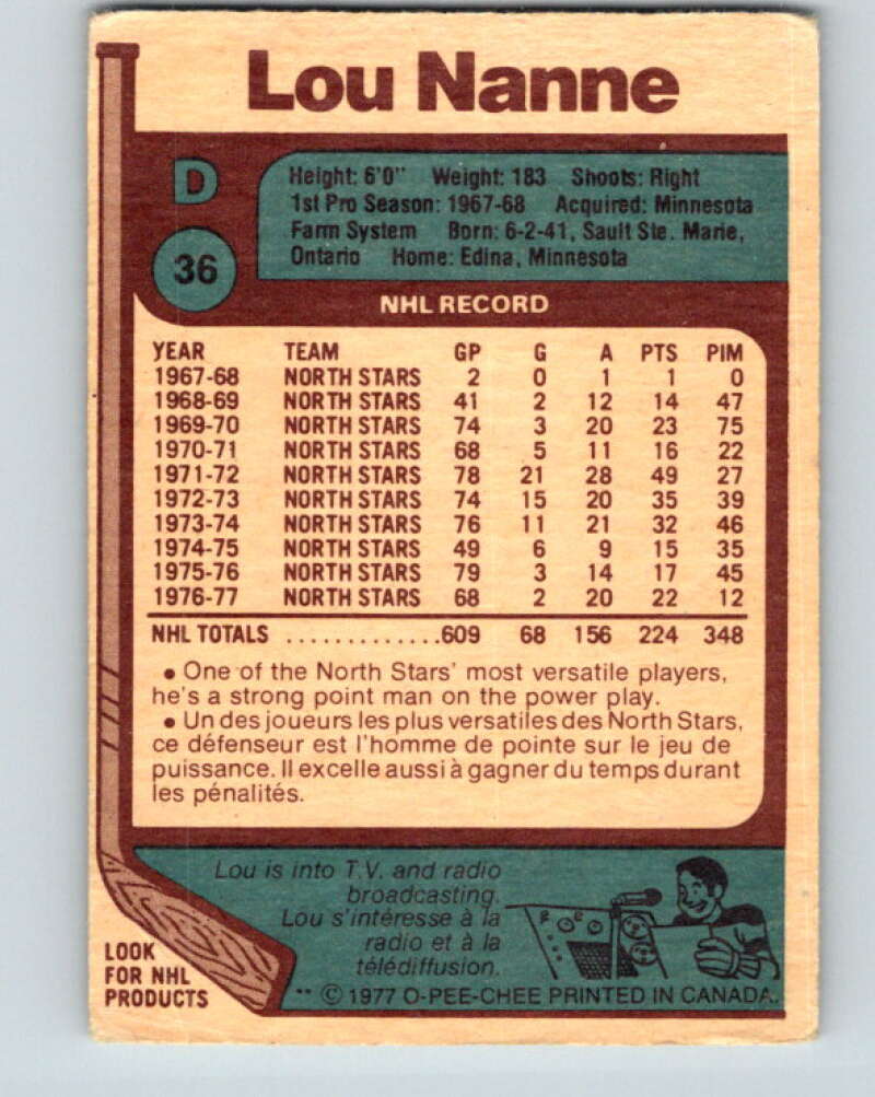 1977-78 O-Pee-Chee #36 Lou Nanne Minnesota North Stars V13160