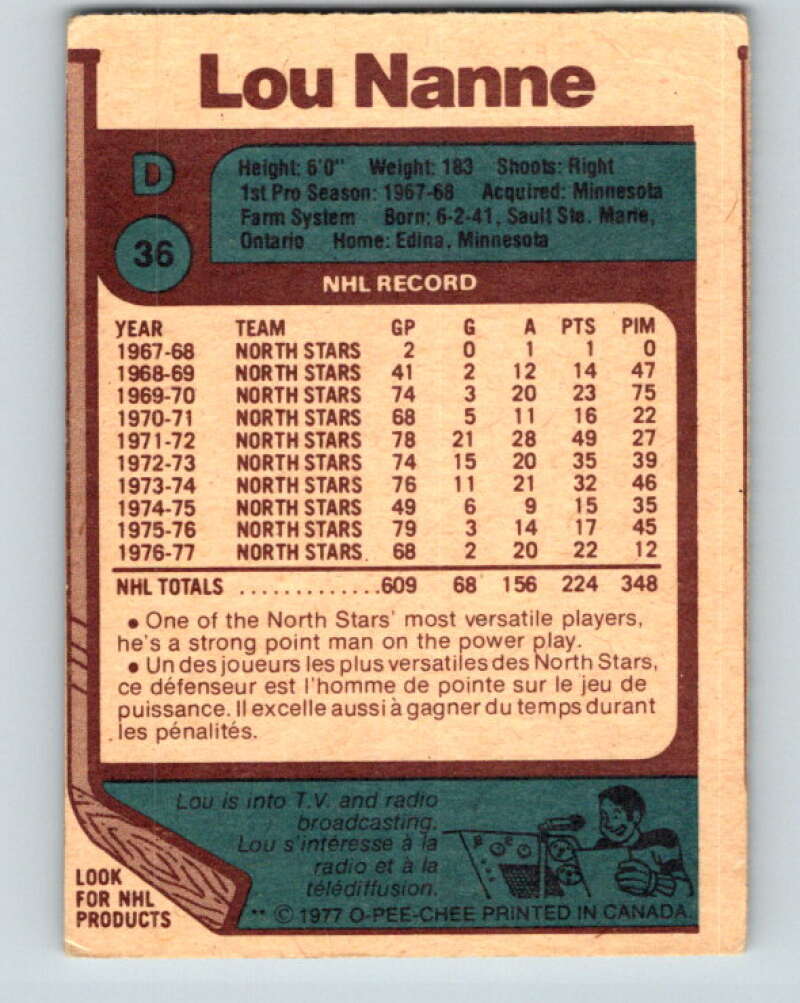 1977-78 O-Pee-Chee #36 Lou Nanne Minnesota North Stars V13161