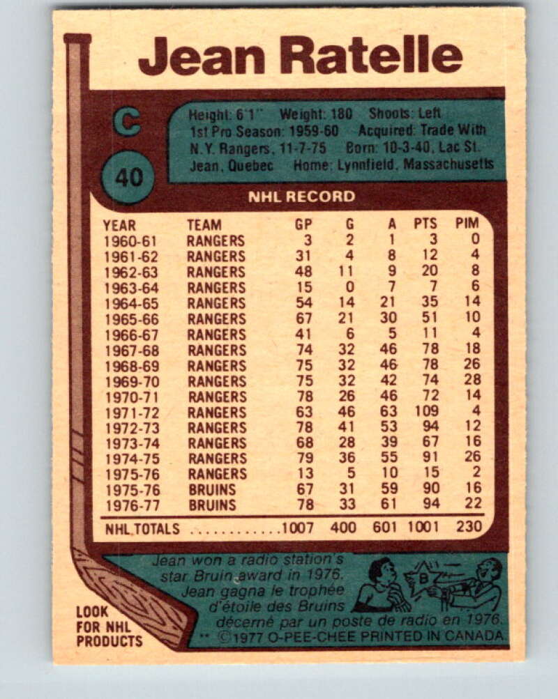 1977-78 O-Pee-Chee #40 Jean Ratelle Boston Bruins V13189
