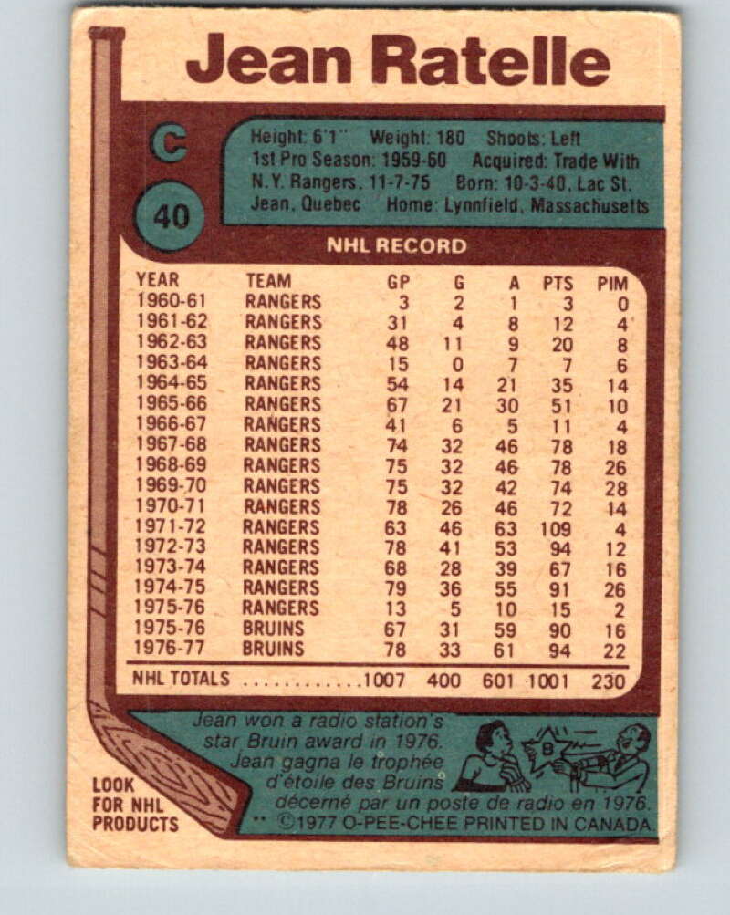 1977-78 O-Pee-Chee #40 Jean Ratelle Boston Bruins V13191