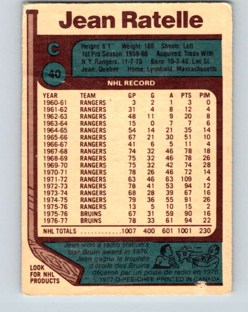 1977-78 O-Pee-Chee #40 Jean Ratelle Boston Bruins V13192