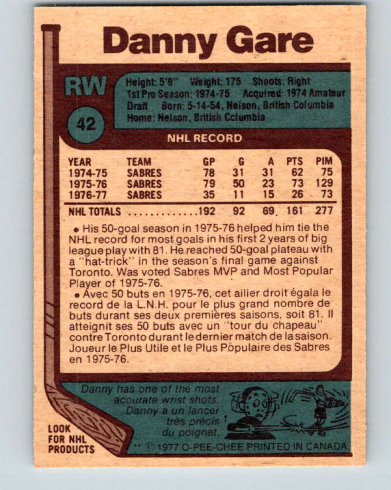 1977-78 O-Pee-Chee #42 Danny Gare Buffalo Sabres V13200