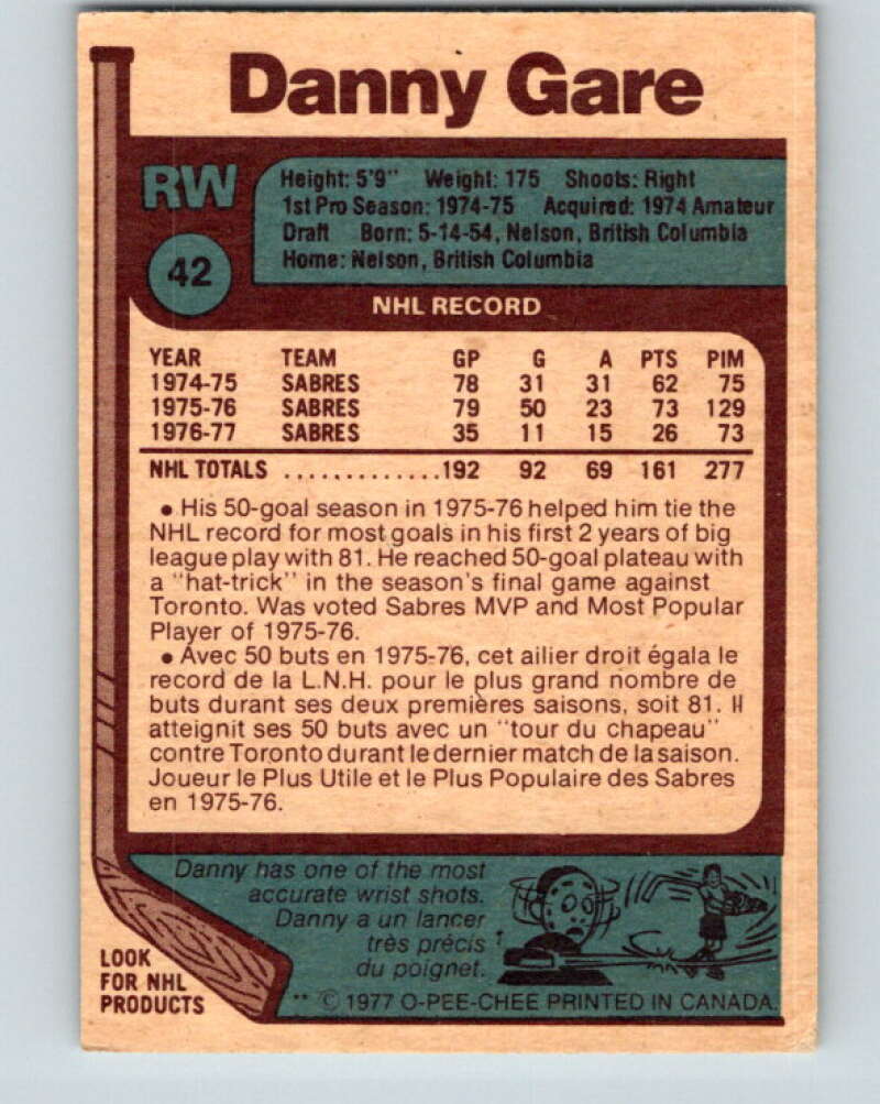 1977-78 O-Pee-Chee #42 Danny Gare Buffalo Sabres V13201