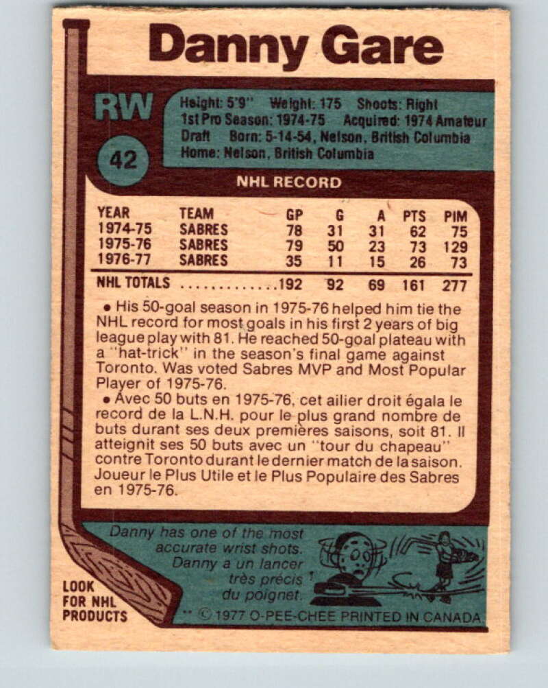1977-78 O-Pee-Chee #42 Danny Gare Buffalo Sabres V13202