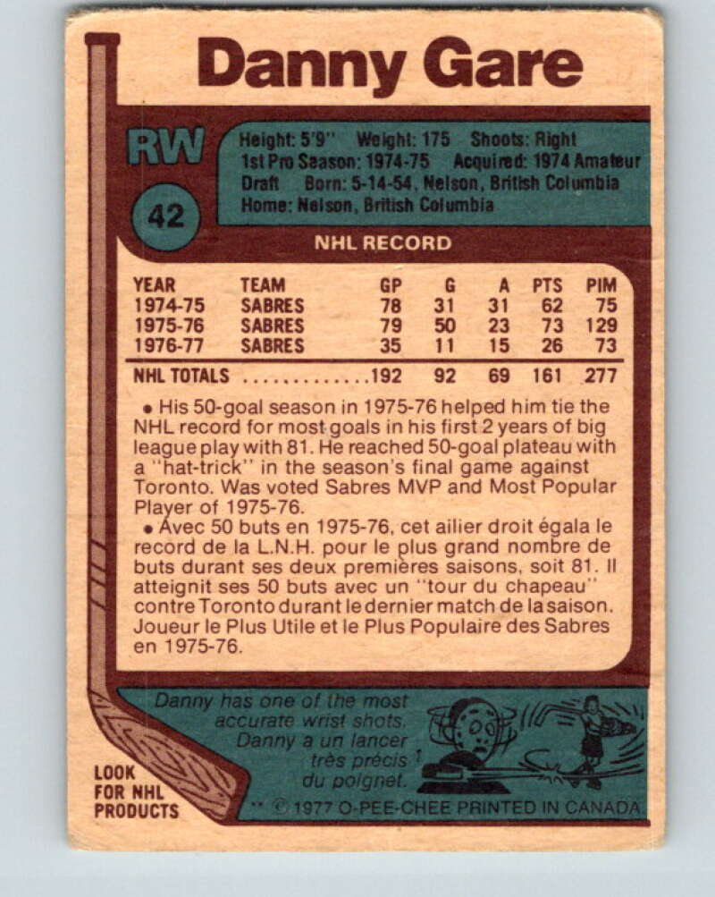 1977-78 O-Pee-Chee #42 Danny Gare Buffalo Sabres V13204