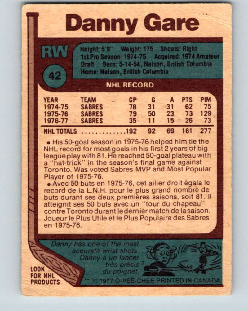 1977-78 O-Pee-Chee #42 Danny Gare Buffalo Sabres V13205