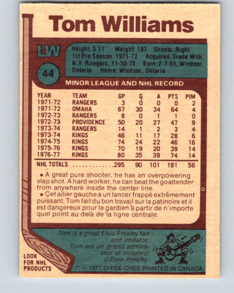 1977-78 O-Pee-Chee #44 Tom Williams Los Angeles Kings V13212