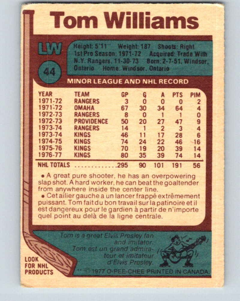 1977-78 O-Pee-Chee #44 Tom Williams Los Angeles Kings V13217